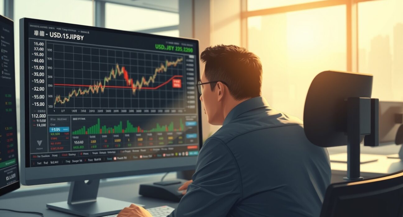 Trader in Tokyo analyzes USD/JPY surge above 159.00 on financial terminal.