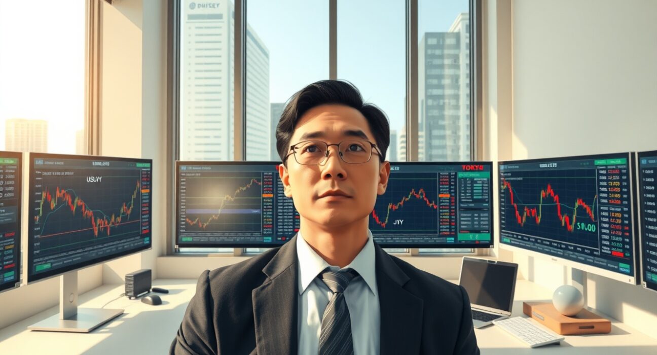 Financial analyst monitoring USD/JPY exchange rate and Japanese economic data in Tokyo trading room