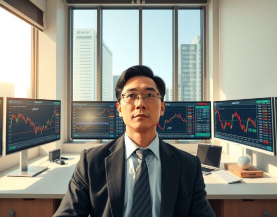 Financial analyst monitoring USD/JPY exchange rate and Japanese economic data in Tokyo trading room