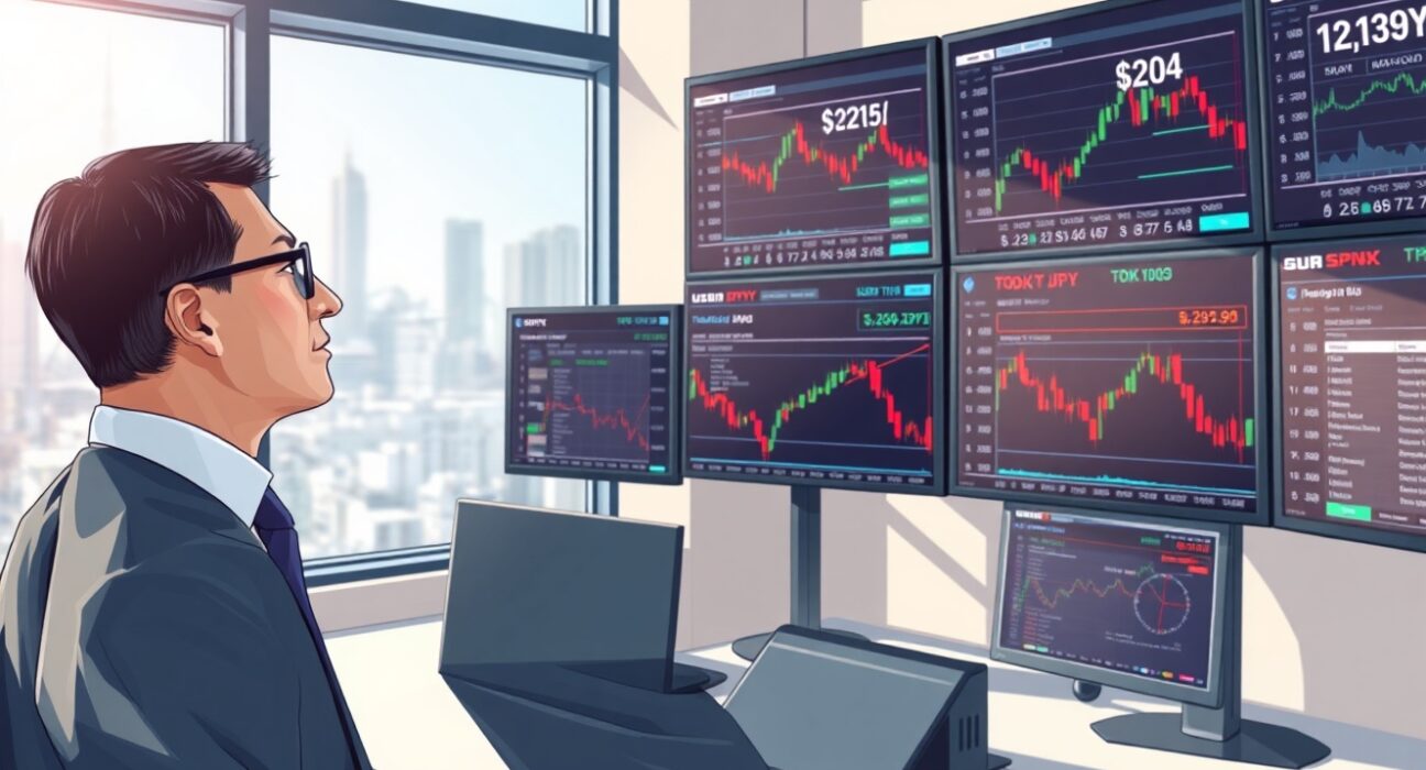 Financial analyst monitoring USD/JPY exchange rate data and Bank of Japan policy impacts in Tokyo trading environment.