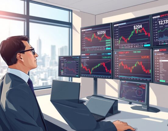 Financial analyst monitoring USD/JPY exchange rate data and Bank of Japan policy impacts in Tokyo trading environment.