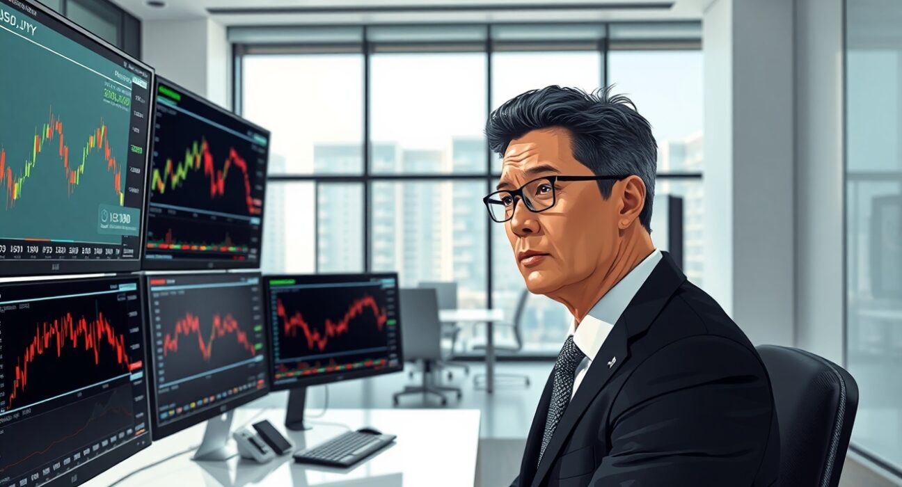 Financial analyst examining USD/JPY currency charts and market data in professional trading environment