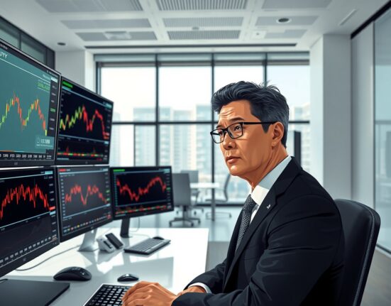 Financial analyst examining USD/JPY currency charts and market data in professional trading environment