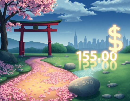 USD/JPY currency pair analysis showing pressure near the 155.00 exchange rate level.