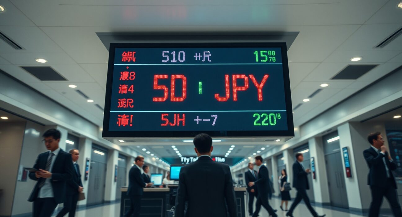 Currency exchange board in Tokyo showing USD/JPY rates with traders in background