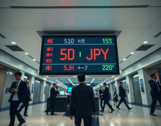 Currency exchange board in Tokyo showing USD/JPY rates with traders in background