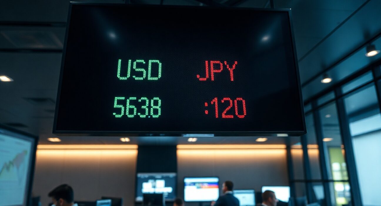 Foreign exchange trading board showing USD/JPY pair with muted price movement in a professional trading room