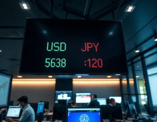 Foreign exchange trading board showing USD/JPY pair with muted price movement in a professional trading room