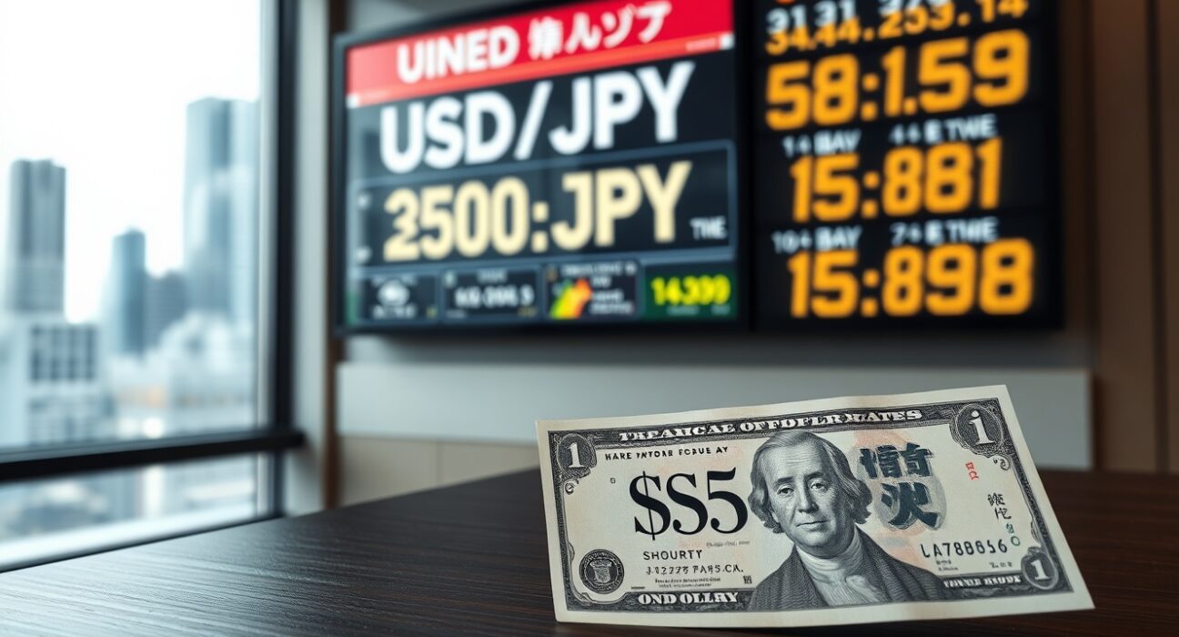 USD/JPY narrow range forecast analysis showing yen and dollar banknotes on desk with currency board in background