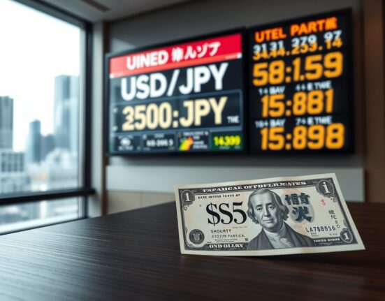 USD/JPY narrow range forecast analysis showing yen and dollar banknotes on desk with currency board in background