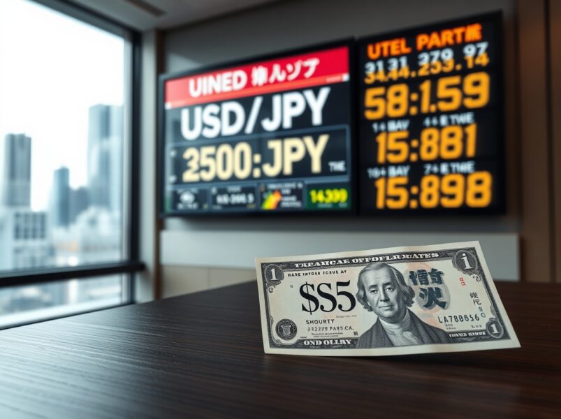 USD/JPY narrow range forecast analysis showing yen and dollar banknotes on desk with currency board in background
