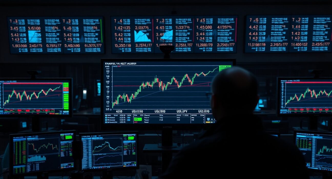Financial trading desk monitors showing USD/JPY chart with upward trend