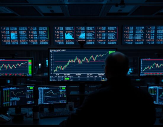 Financial trading desk monitors showing USD/JPY chart with upward trend