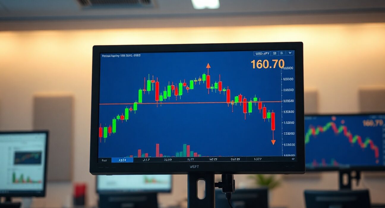 USD/JPY forex chart approaching 160.70 resistance level on trading screen