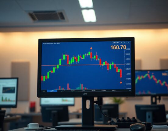 USD/JPY forex chart approaching 160.70 resistance level on trading screen