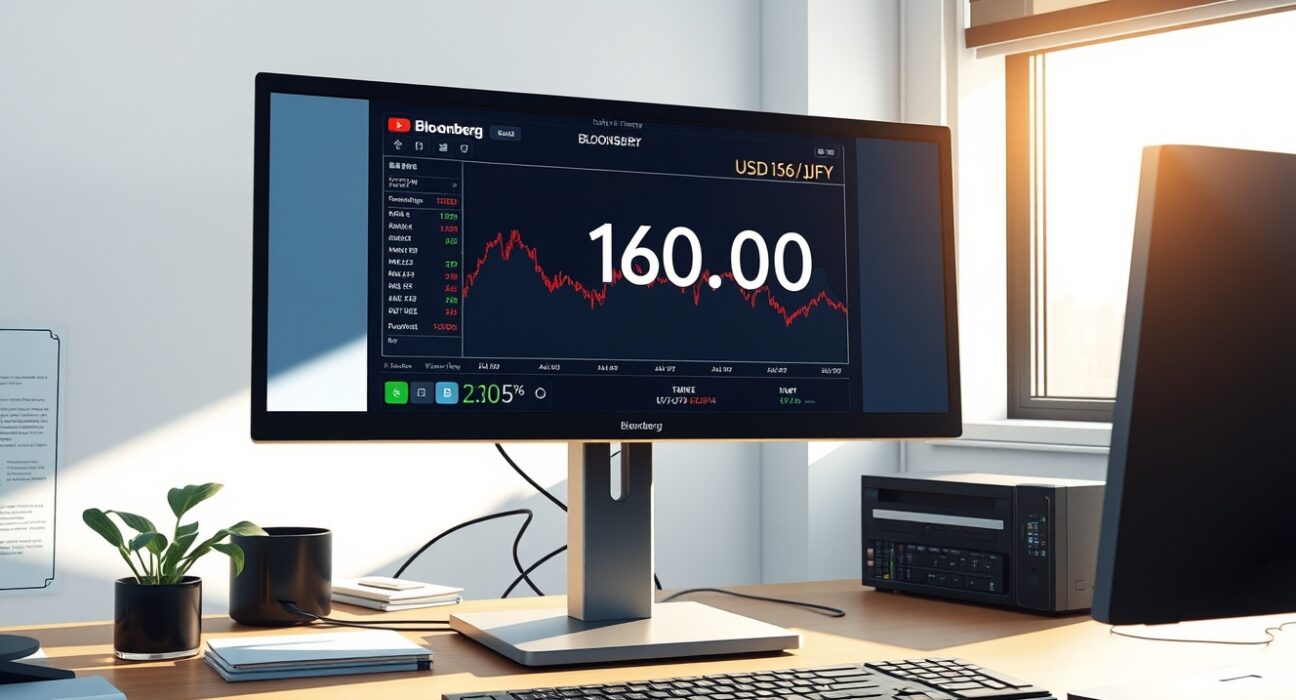 USD/JPY trading terminal showing exchange rate near 160 with limited intervention signals from Japanese authorities