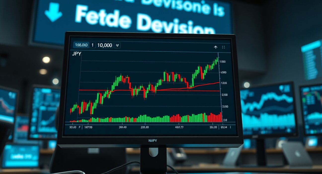 USD/JPY chart approaching 160.00 level ahead of Fed rate decision, indicating potential intervention risk