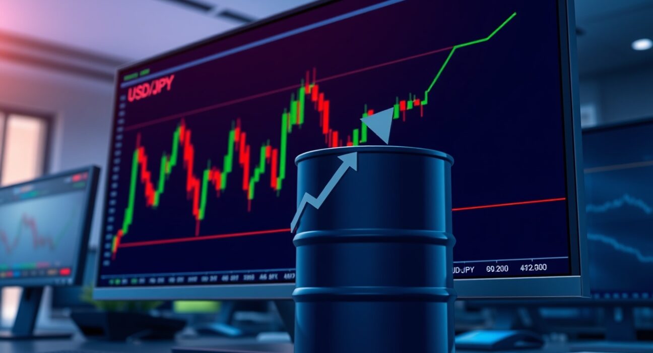 USD/JPY chart with oil barrel icon showing price defense against hawkish BOJ sentiment