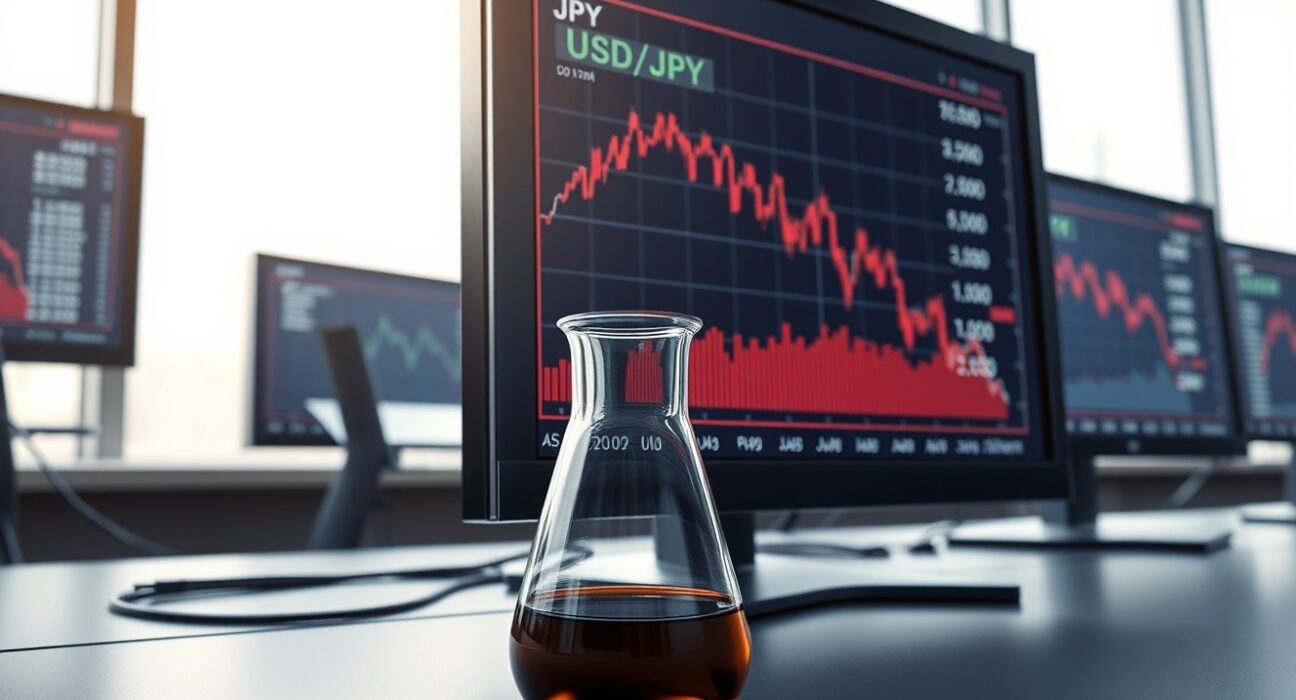 USD/JPY chart analysis showing Yen pressure from oil price shocks on a trading desk.