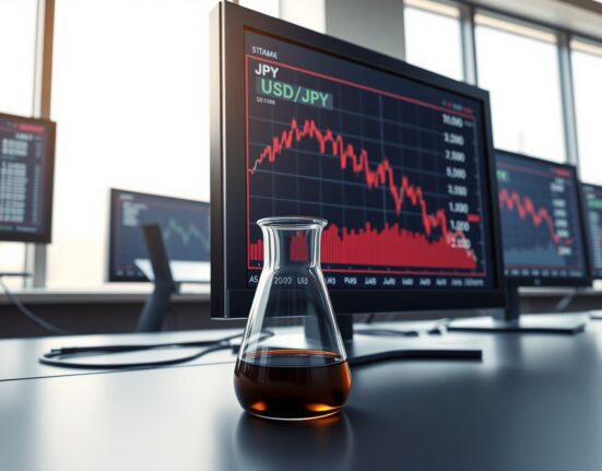 USD/JPY chart analysis showing Yen pressure from oil price shocks on a trading desk.