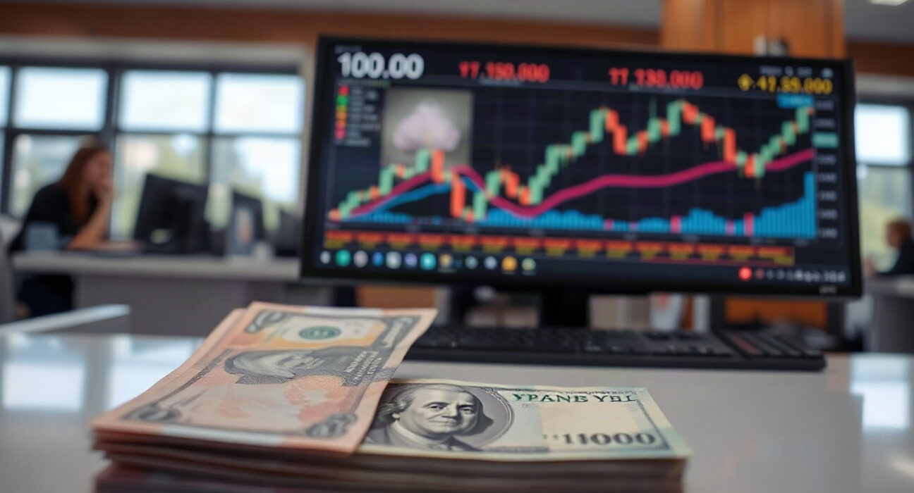 Japanese Yen banknotes on a trading desk with a forex chart in the background