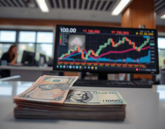 Japanese Yen banknotes on a trading desk with a forex chart in the background