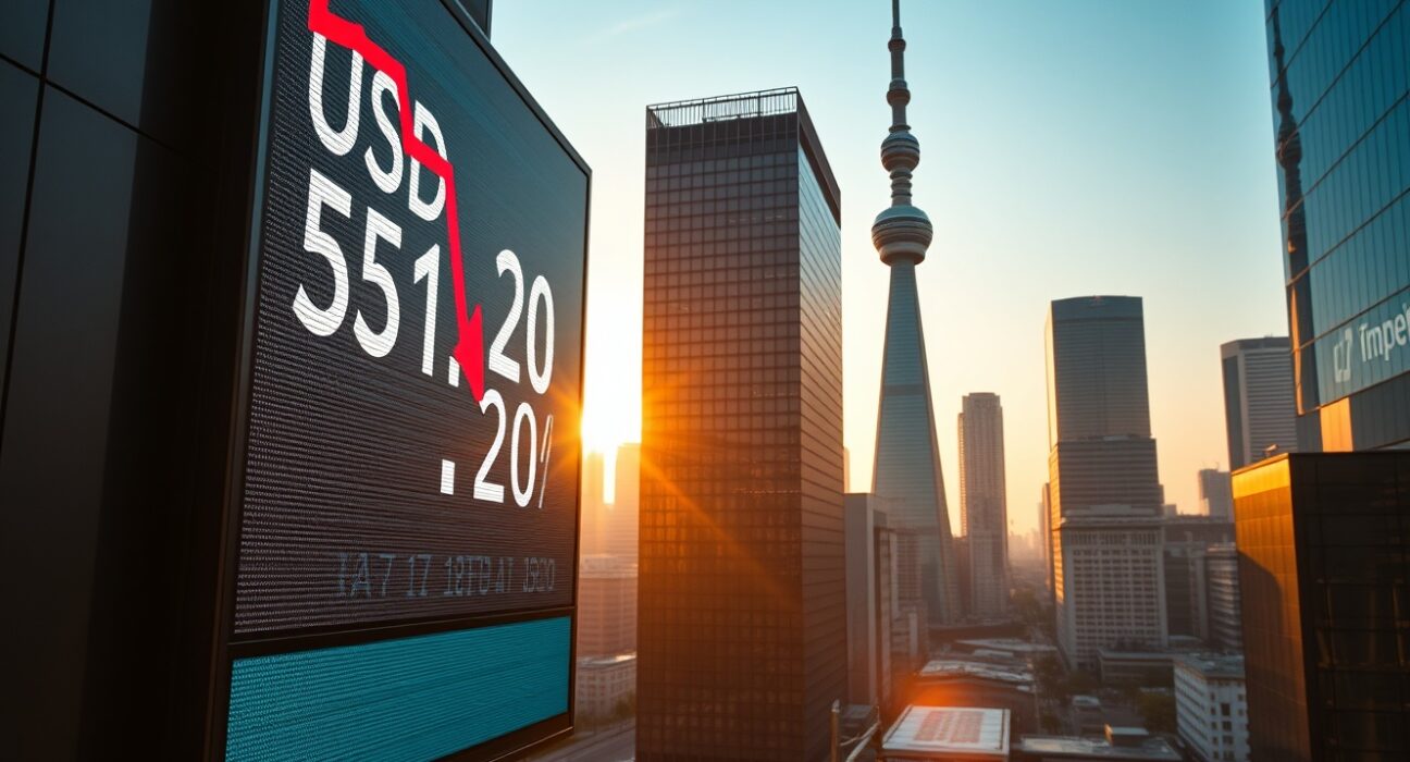 Digital trading board showing USD/JPY with a downward arrow in Tokyo financial district