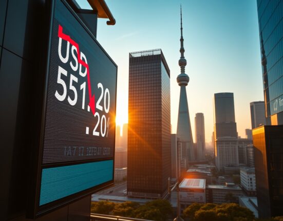 Digital trading board showing USD/JPY with a downward arrow in Tokyo financial district