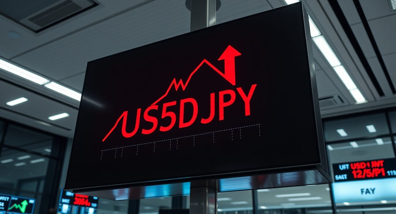 Forex trading board showing USD/JPY sharp decline with red arrows in Tokyo financial district