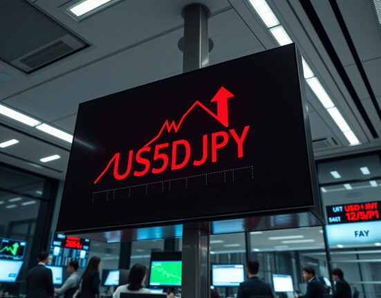 Forex trading board showing USD/JPY sharp decline with red arrows in Tokyo financial district