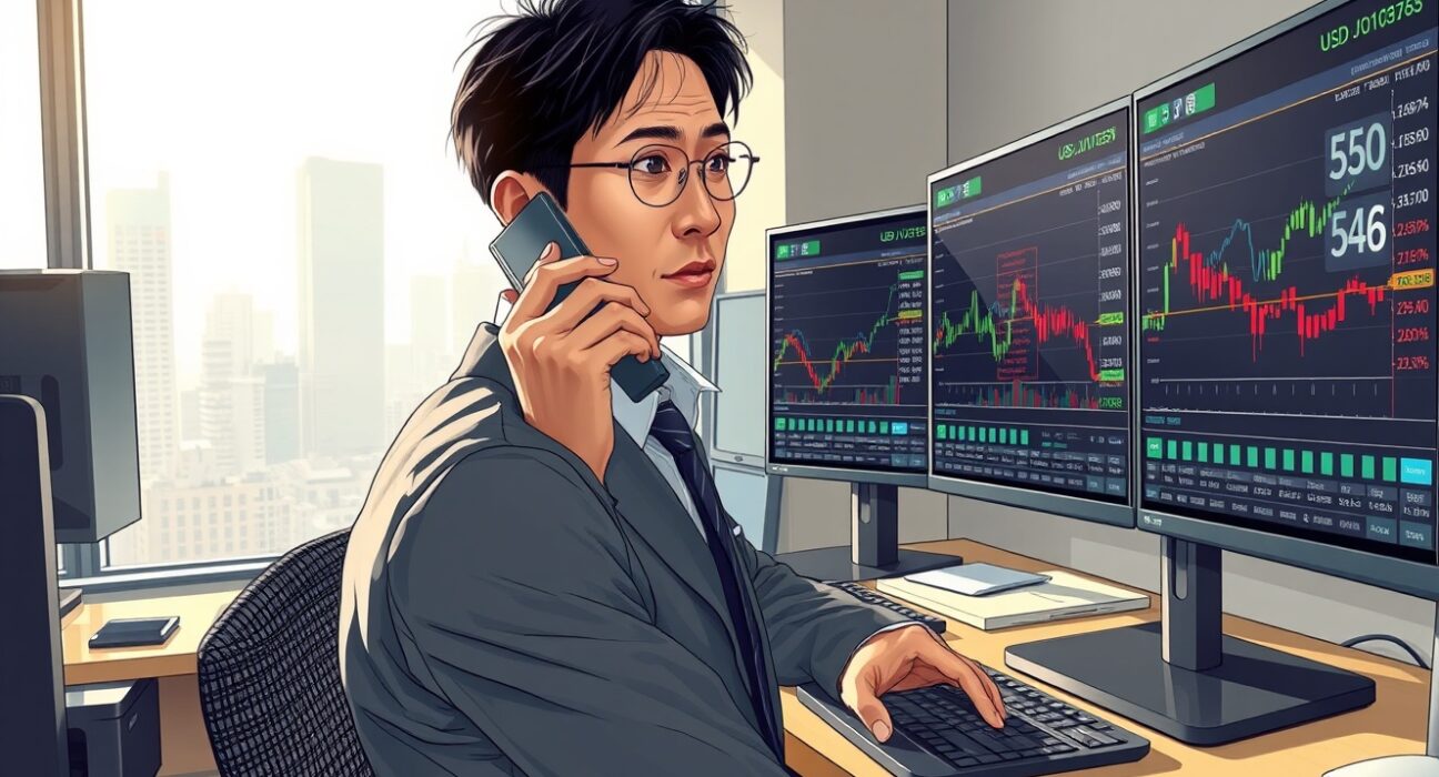 Professional trader monitoring USD/JPY exchange rate charts in Tokyo financial district office