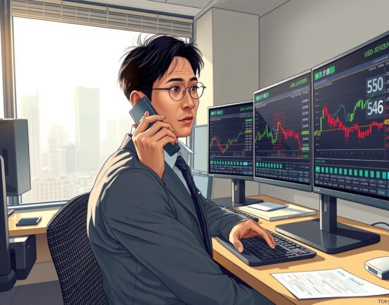 Professional trader monitoring USD/JPY exchange rate charts in Tokyo financial district office