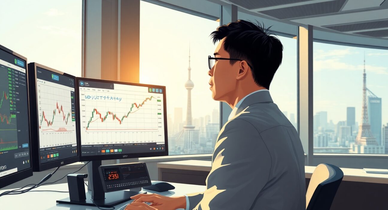 Forex trader analyzing USD/JPY currency charts as PCE inflation data impacts dollar strength against yen