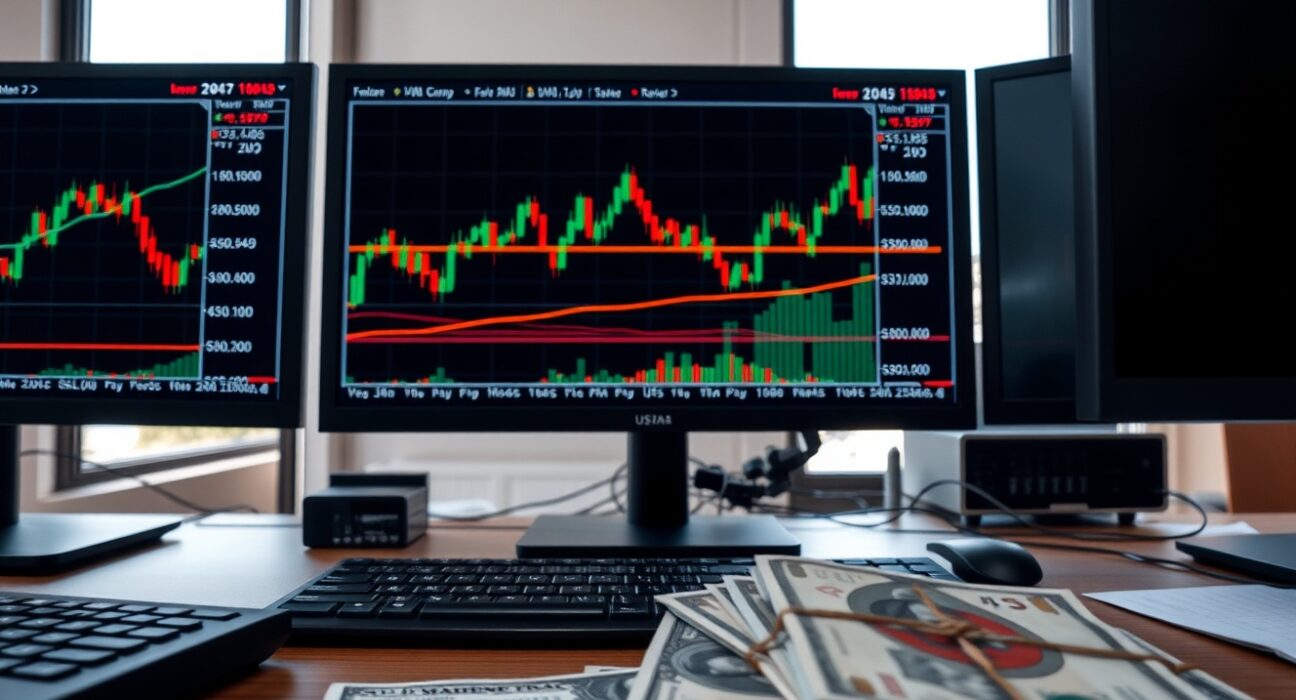 Forex trading desk with USD/JPY chart showing 100-day SMA and price action