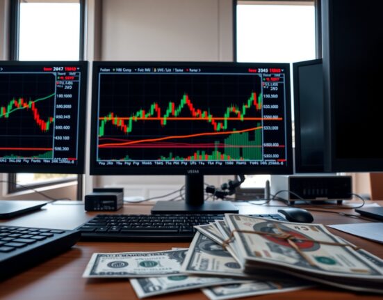 Forex trading desk with USD/JPY chart showing 100-day SMA and price action