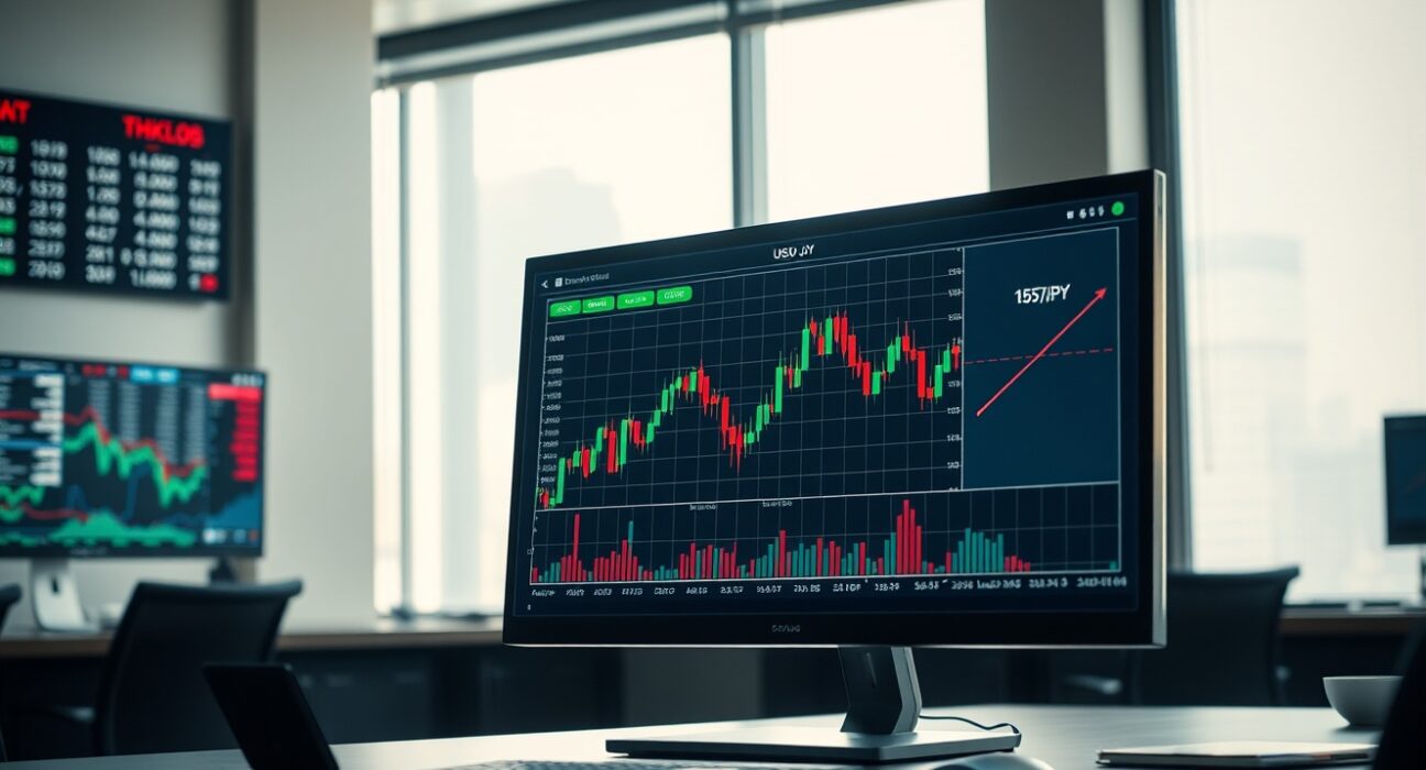 USD/JPY forex chart analysis showing price action near the 157.50 level on a trading desk.