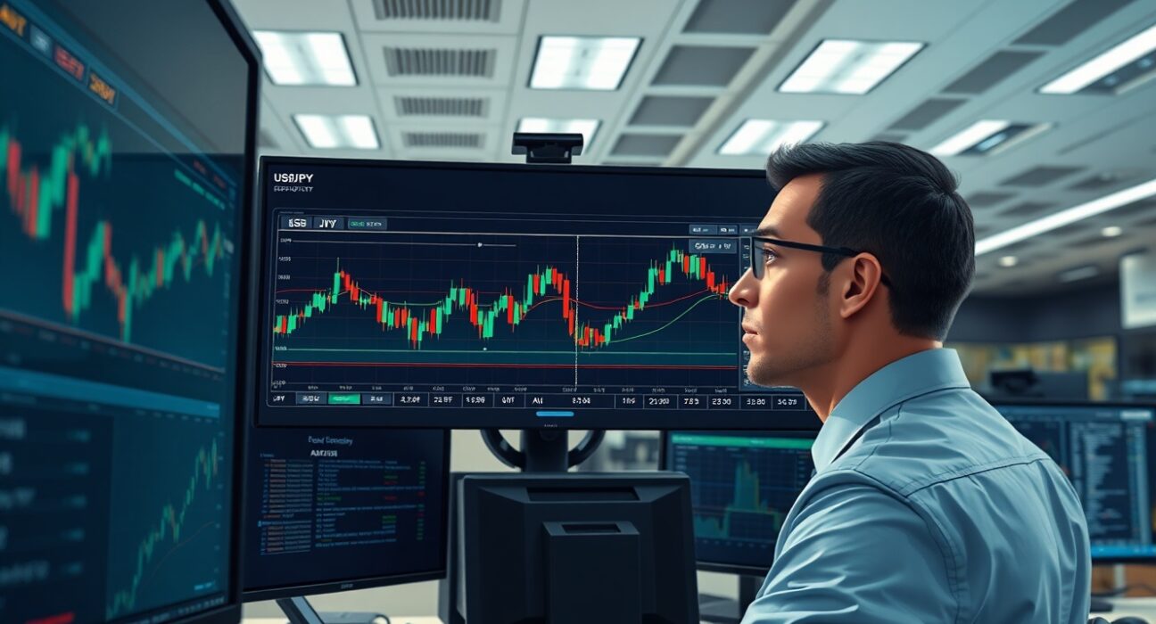Financial analyst monitoring USD/JPY exchange rate at 158.00 during risk-off market conditions.
