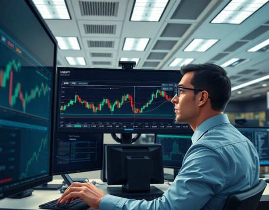 Financial analyst monitoring USD/JPY exchange rate at 158.00 during risk-off market conditions.