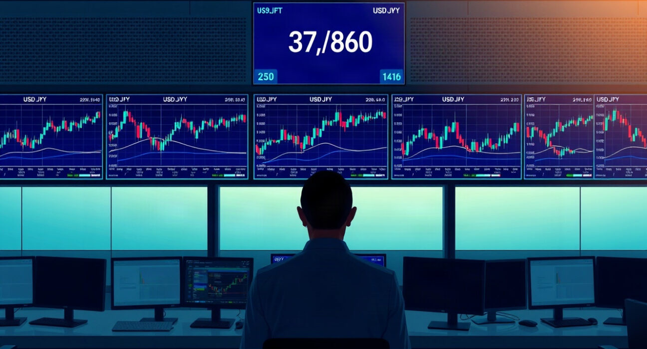 Trading desk with USD/JPY charts and intervention risk indicators