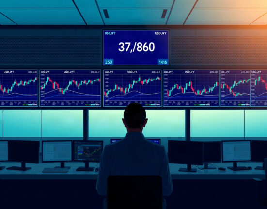 Trading desk with USD/JPY charts and intervention risk indicators