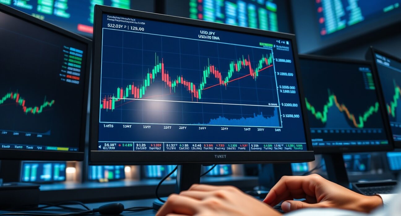 Forex trading monitor showing USD/JPY candlestick chart with price near 162.00 and nine-day EMA line