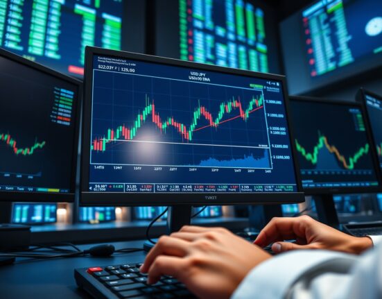 Forex trading monitor showing USD/JPY candlestick chart with price near 162.00 and nine-day EMA line