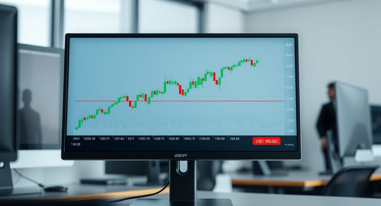 USD/JPY candlestick chart showing upward trend toward 163.00 resistance level on trading screen