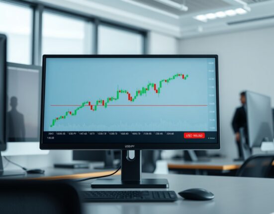 USD/JPY candlestick chart showing upward trend toward 163.00 resistance level on trading screen