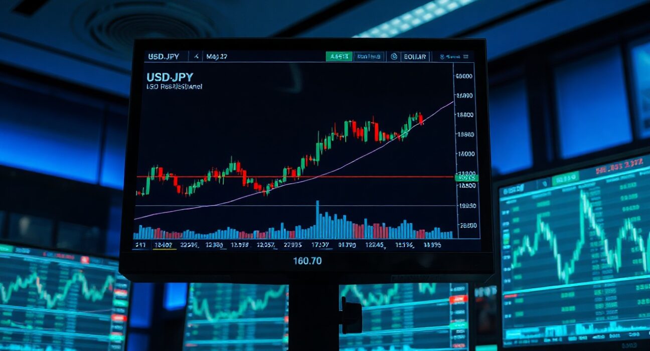 Forex trading monitors showing USD/JPY chart with resistance at 160.70