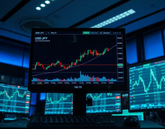 Forex trading monitors showing USD/JPY chart with resistance at 160.70