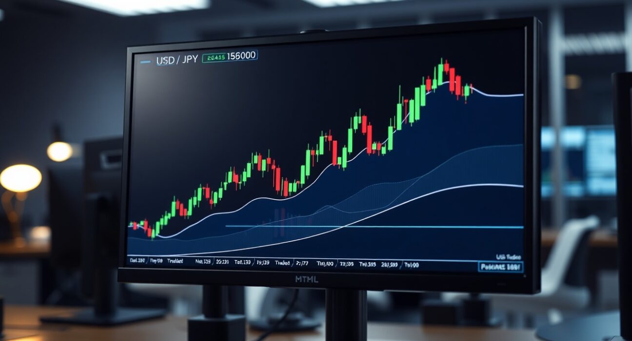 Forex trading monitor displaying USD/JPY candlestick chart with upward trend toward 158.00
