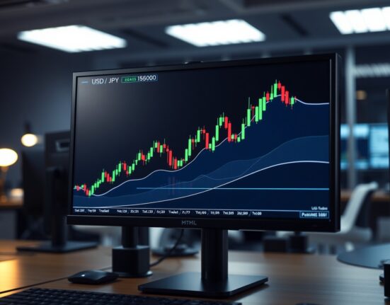 Forex trading monitor displaying USD/JPY candlestick chart with upward trend toward 158.00