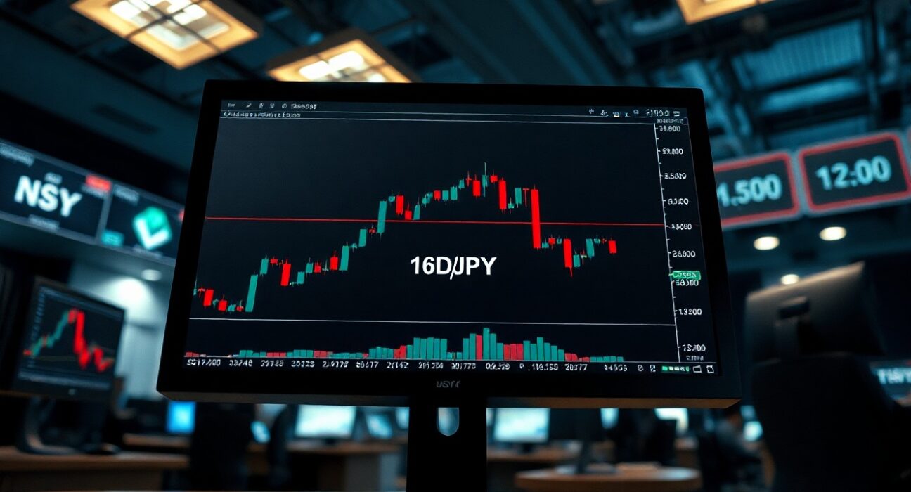 USD/JPY trading chart consolidating near 160.00 level ahead of US Nonfarm Payrolls data release.