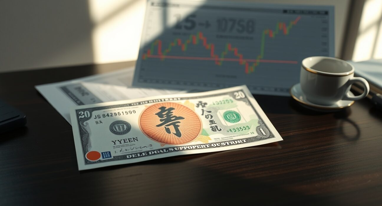 USD/JPY Price Forecast chart showing yen and dollar banknotes with candlestick pattern approaching 100-hour EMA support